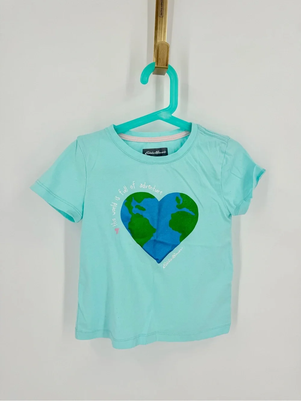 Eddie Bauer Aqua Tee with Blue & Green Heart Earth Graphic